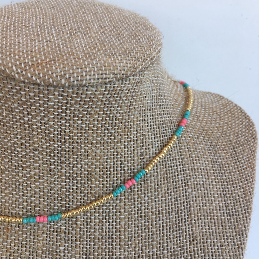 Gold/Turquoise/Salmon Boho Beach Seed Bead Choker - Picture 3 of 4